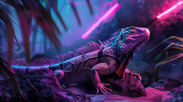 Fantasy iguana: electric scale, digital glow, vibrant reptile, surreal lizard, colorful tropic, ambient creature, mystical fauna, jungle sparkle, hyperreal animal, trippy forest, sci-fi style