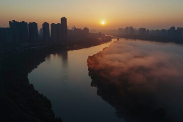 Fototapeta premium City river sunrise mist