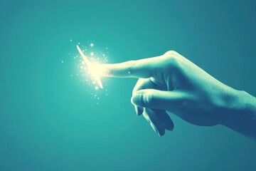 A hand reaches out, a bright light shines from the fingertip, cool turquoise hue