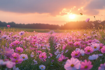 Pink flowers swaying in sunset light.