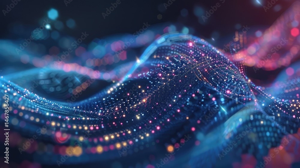 Poster abstract picture vivid particle neon light with digital technology style design connect become dynam