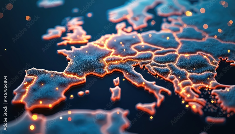 Poster Abstract tech image of Europe network map. Glowing data connection, seamless connectivity concept with network wires. Modern cyberspace solution, global communication access. Infrastructure, digital,