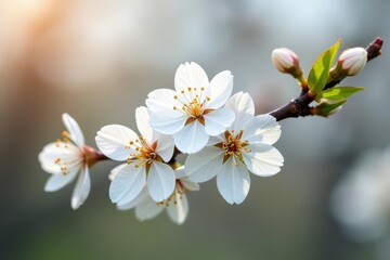 Fototapeta premium Delicate white cherry blossoms on a branch, early spring garden , bloom, japanese cherry, springtime
