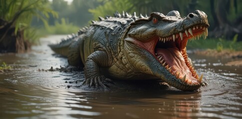 Fierce croc, jagged teeth, powerful jaws open, ready to strike, swampy background, jaws, crocodile, danger