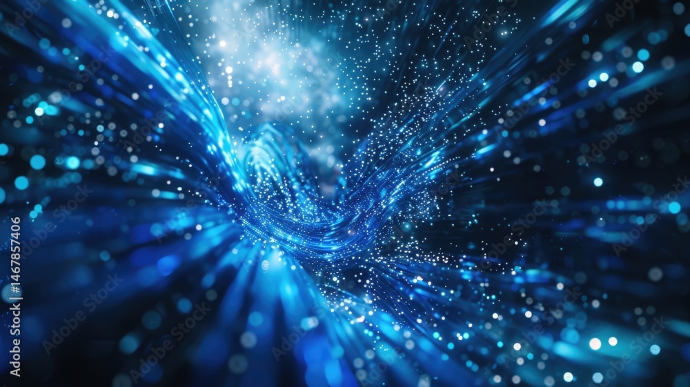 Poster abstract image beautiful blue light sparkling particles scattered across space background while swir