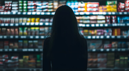Silhouette Shopper: A shadowy figure, seen from behind, stands before a grocery aisle, the brightly lit shelves contrasting with the figure's dark outline, creating a sense of mystery and intrigue.