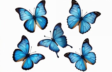 Set of vibrant blue butterflies isolated on white background. Tropical insects for design elements. Delicate wings, nature beauty. Summer, spring, freedom, life. Perfect for design projects, eco