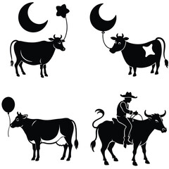 Playful Cow Silhouette Collection With Balloons And Cowboy Riding Steer Illustration