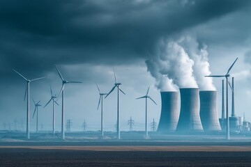 Wind turbines stand tall alongside nuclear power plants, with steam rising from cooling towers. Dark clouds loom overhead, creating a striking contrast against the energy facilities