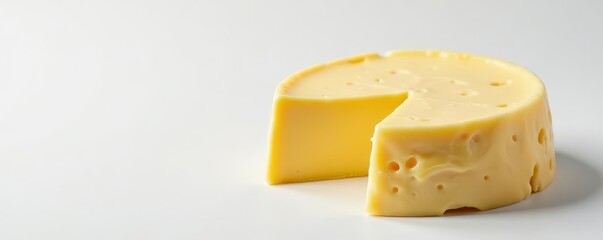 Soft brie cheese wheel on pristine white background, top view, delicious, high resolution