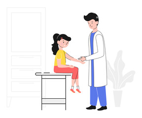 Cartoon Color Character Doctor and Girl Vaccination Concept Flat Design Style and Line Elements. Vector illustration of Patient Visit