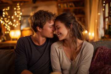 Fototapeta premium A young couple sharing a tender moment in a cozy living room, surrounded by warm lighting. 