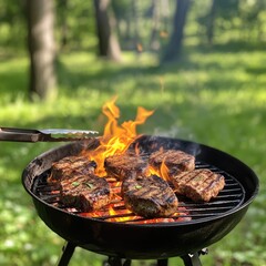 Outdoor grilling in a forest setting.  Grilled steaks sizzling over hot coals
