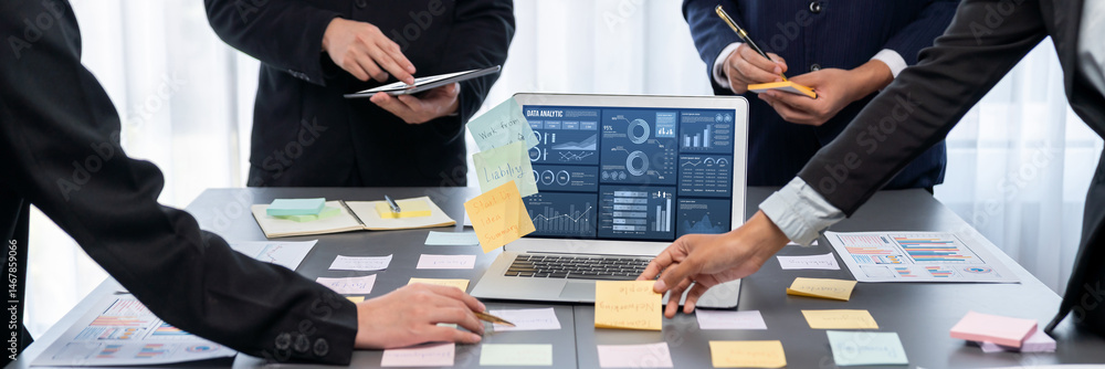 Poster analyst team use sticky note for creative and analytic brainstorm for business idea with bi data das