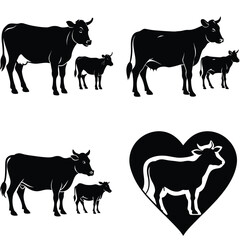 Black Cow And Calf Silhouette Illustrations For Farm Animal Vector Design
