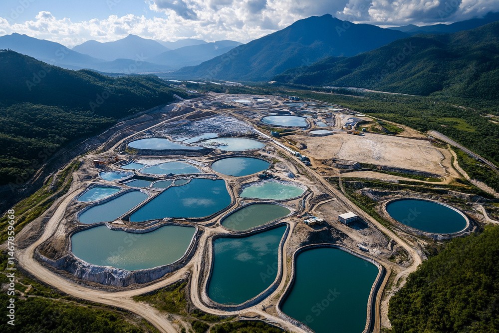 Poster Vibrant lithium mining ponds viewed from above in remote area Generative AI