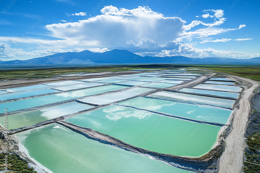 Poster Aerial view of lithium mining ponds in arid landscape Generative AI