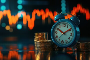 Time is money; stacks of coins and an alarm clock against a blurred stock market graph