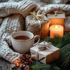 Cozy Christmas scene with gifts, tea, and candles