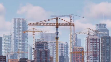 Fototapeta premium Cityscape under construction with numerous cranes.