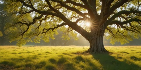 Fototapeta premium Ancient oak dominates grassy field, sunlight dappled leaves , single, vista