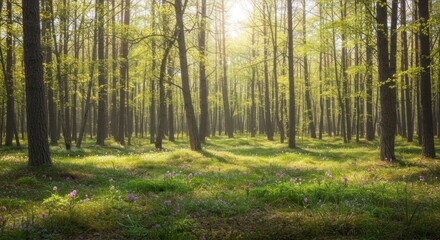 Obraz premium Sunlight shines through trees in a forest with green grass on the ground.