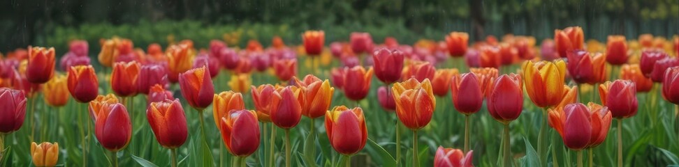 Fototapeta premium April rain nurturing vibrant tulips blooming in May , plant, red