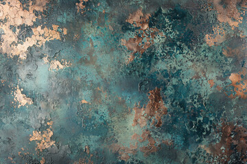 The background features a rich, weathered oxidized copper surface with metallic sheen