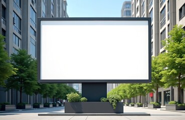 Blank billboard mockup on urban city area. Large empty white banner for advertising or marketing messages. Commercial display in street, modern building background, sunny day, copy space.
