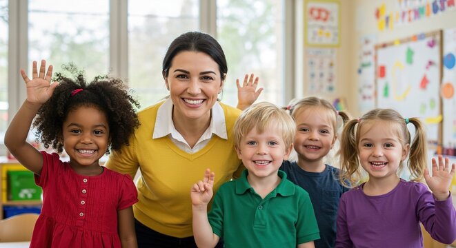 "Happy Diverse Children with Preschool Teacher: Smiling, Waving, and Posing Together in a Bright, Modern Kindergarten Classroom"
