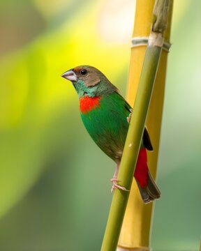Pin-tailed Parrotfinch in Bright Tropical Ambiance on Bamboo