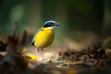 Fototapeta premium Gurney’s Pitta in Jungle Light Foraging on the Forest Floor