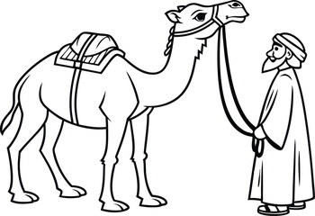 Man with Camel in Desert Illustration, Traditional Middle Eastern Scene Line Art, Black and White Camel Drawing for Coloring.