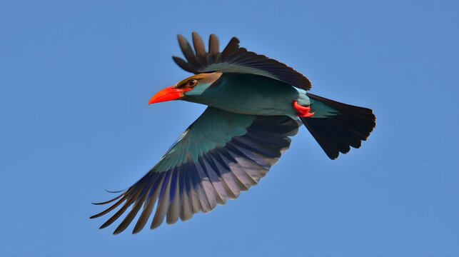 Oriental Dollarbird Gliding Across Clear Sky with Wings Catching Light