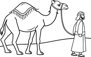 Man with Camel in Desert Illustration, Traditional Middle Eastern Scene Line Art, Black and White Camel Drawing for Coloring.