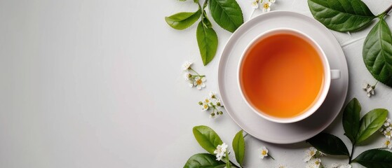 Cup of herbal tea with green leaves on a colorful background. Tea and nature concept. Top down aerial view of tea or brown liquid in tea cup decorated with tea leaves. Herbal drink design. AIG55.