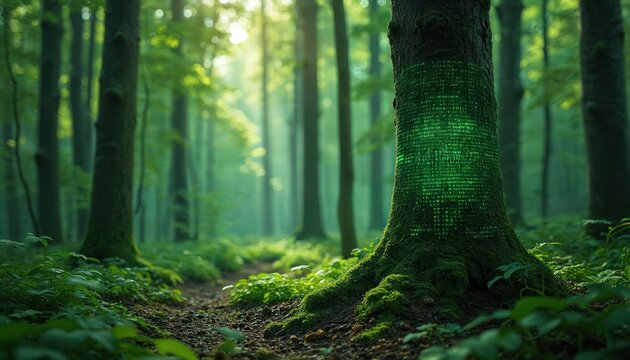 Digital forest with green matrix binary code on tree trunk. Nature eco-friendly digital tech. Binary code environmental concept. Sustainable tech, modern innovation, future of eco responsibility.