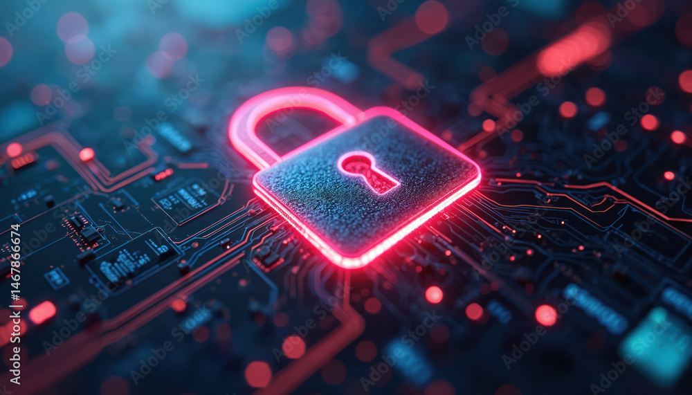 Poster cybersecurity illustration digital lock, circuit board. data protection, cyber security concept, dat