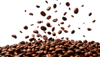 Obraz premium Roasted coffee beans soaring through the air in a bright studio environment captured in close-up view