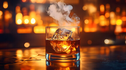 A whiskey drink in a glass with smoke coming out of the top of the glass on a bar table