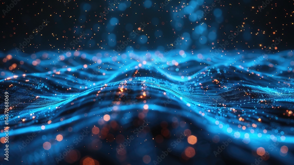 Poster abstract picture micro light sparkling particle represent data flow. vivid flowing wave with high te