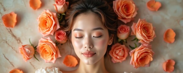 Naklejka premium Young Asian woman surrounded by orange pink roses with closed eyes. Female with light makeup, fresh skin, soft hair bun. Portrait, beauty, spa, wellness. Relaxation, skincare, spring mood.