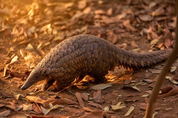 Obraz premium Indian Pangolin Crawling Across Dry Forest Floor in Warm Sunlight