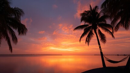A breathtaking sunset over a calm ocean. Silhouettes of palm trees add a tropical touch. Peaceful colors blend beautifully in the sky. Perfect for relaxation and inspiration. AI