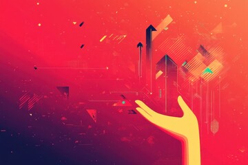 Hand gently cradling upward-pointing arrows amidst a vibrant, abstract backdrop of geometric shapes and energetic hues
