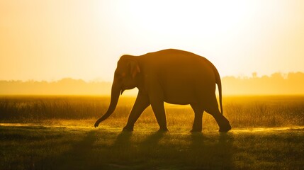 Naklejka premium Asiatic Elephant Silhouetted at Sunrise Walking Through Grassland