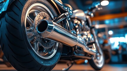 Obraz premium Chrome motorcycle's exhaust detail, polished reflection and rugged design