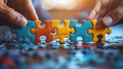 The picture of people together solving problem supporting team with fresh idea. Complex puzzle hard to be solved by human. Group of person find solution and strategy for mysterious jigsaw game. AIG53.