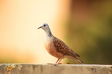 Obraz premium Spotted Dove Standing on Cement Wall in Warm Urban Light