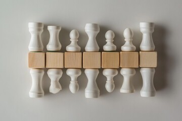 White chess pieces arranged on wooden blocks, strategic formation